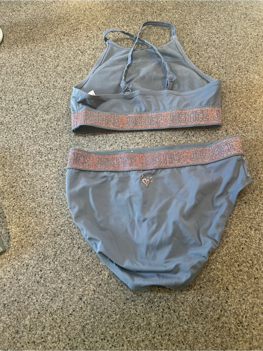 Justice Girls Two-Piece Swim Set in Gray with Pink Logo